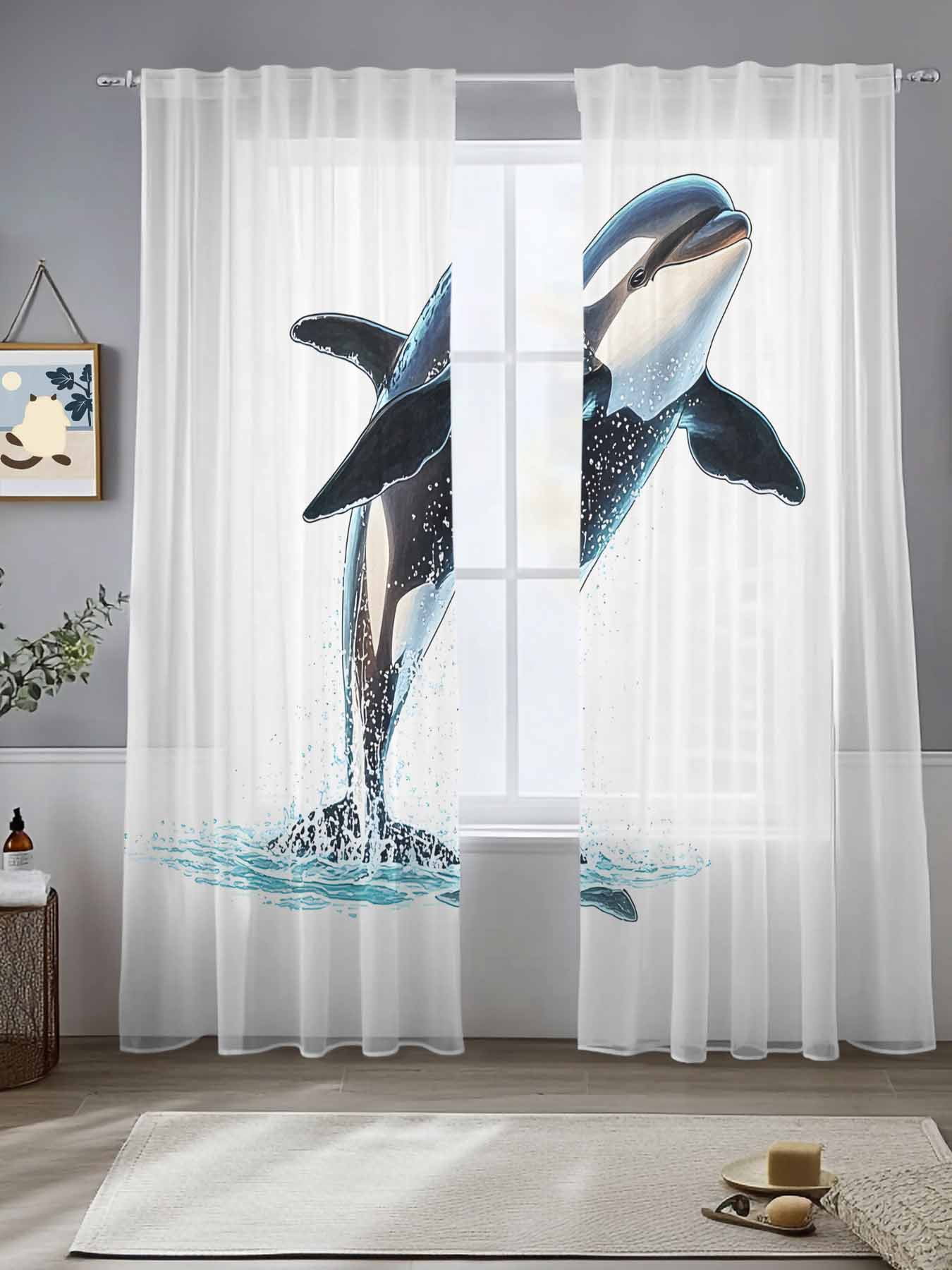 Cute Killer Whale Sheer Curtains for Living Room Bedroom Orca Animal