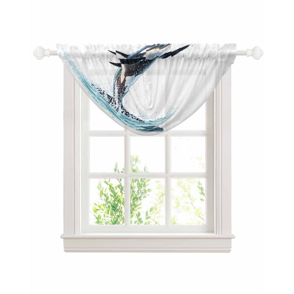 Cute Killer Whale Sheer Waterfall Valance Curtains for Window, Orca Animal Ocean Retro Artwork Rod Pocket Sheer Topper Swag Curtains for Living Room, Kitchen 38.5"W x 47.2"L, 1 Panel