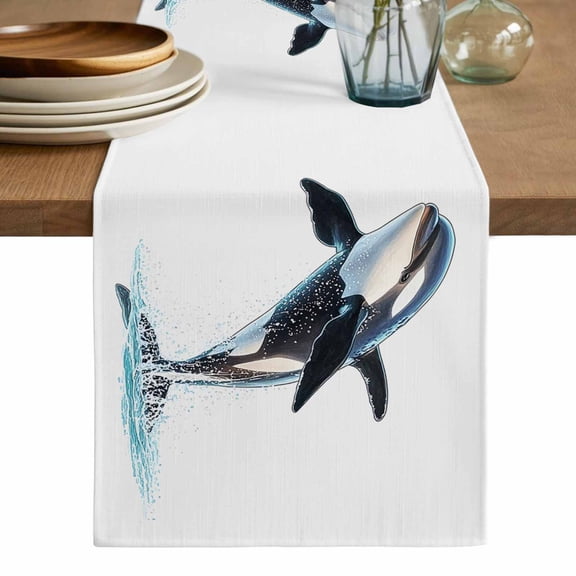 Cute Killer Whale Table Runner, Orca Animal Ocean Retro Artwork Washable Cotton Linen Table Runners 48 Inches Long, Dresser Scarf Runner for Nightstand/Coffee/End Tables 13''x48''