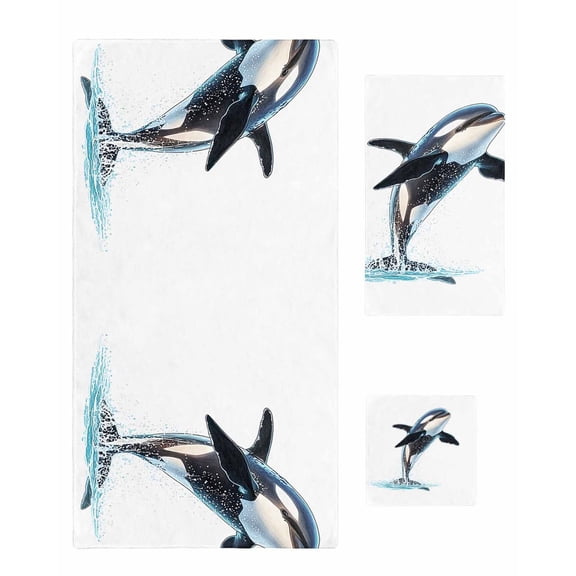 Cute Killer Whale Towel Set of 3, Soft Microfiber Bath Towels, Hand Towel, Washcloths, Orca Animal Ocean Retro Artwork Quick-Dry Absorbent Towels for Bathroom Kitchen Hotel Beach Gym Spa