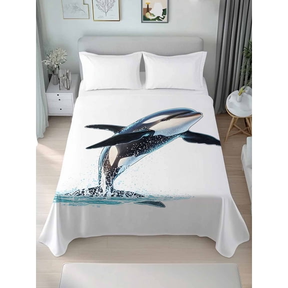Cute Killer Whale Twim Size Flat Sheet, Wrinkleproof & Fadeproof Cooling Flat Bed Sheet Only, Orca Animal Ocean Retro Artwork Breathable Soft Bedding Top Sheets 66 x 96 Inches