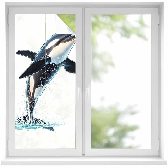 Cute Killer Whale Window Privacy Film, Orca Animal Ocean Retro Artwork Static Cling UV Sun Blocking Heat Control Window Tint Day and Night, Non-Adhesive One Way Windows Privacy Cover 17.7''x39.3''
