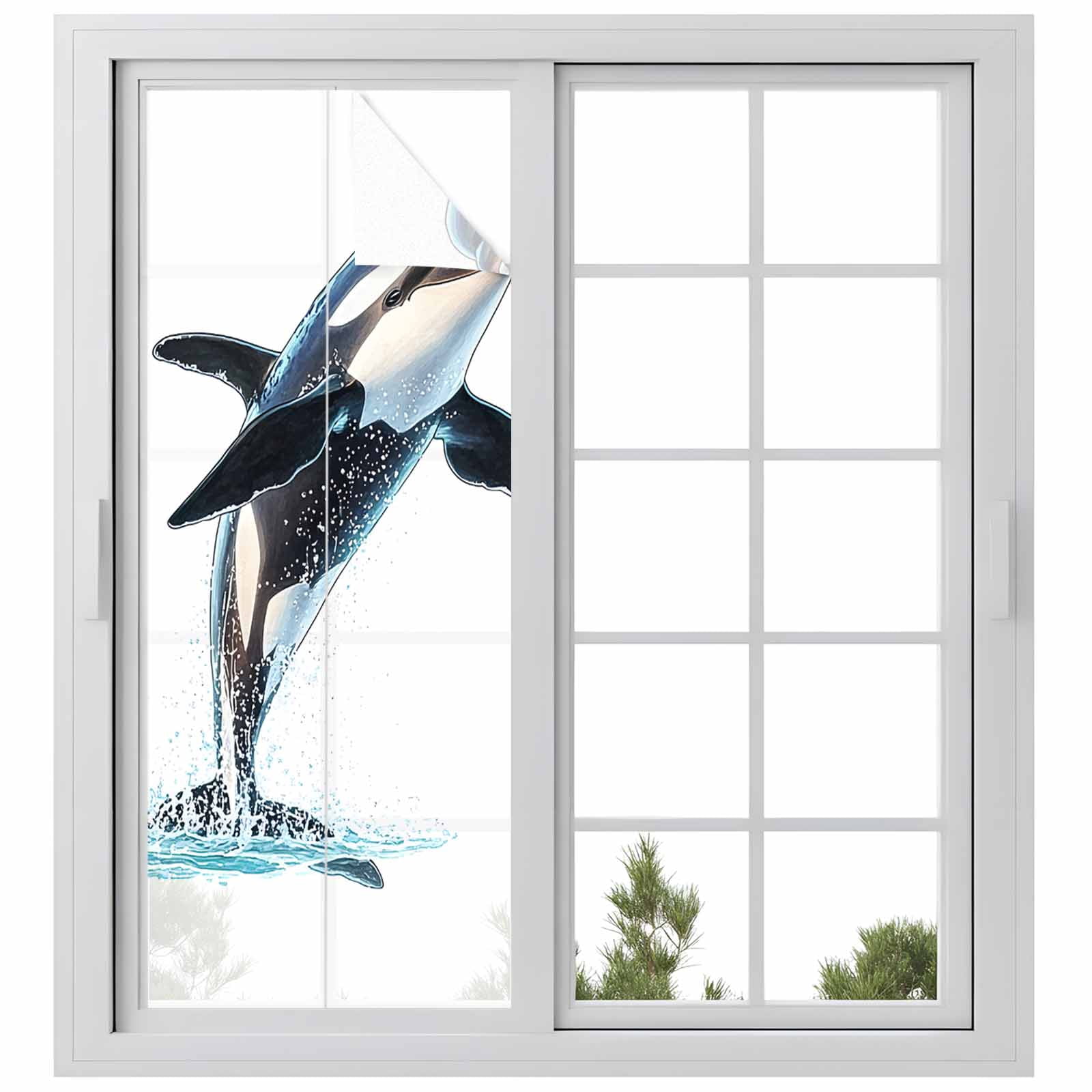 Cute Killer Whale Window Privacy Film, Orca Animal Ocean Retro Artwork Static Cling UV Sun Blocking Heat Control Window Tint Day and Night, Non-Adhesive One Way Windows Privacy Cover 23.6''x59''