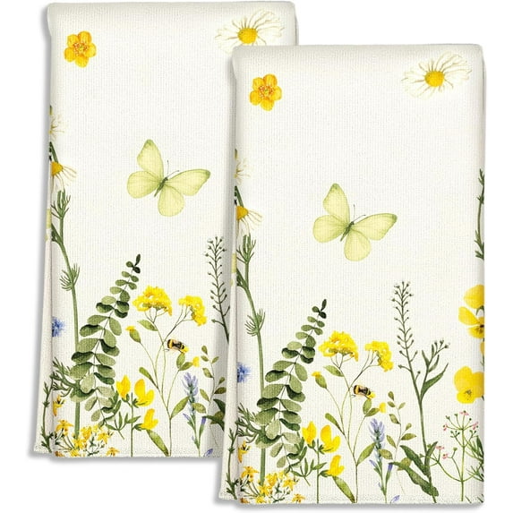 Cute Kitchen Towels Set of 2 - Dish Towels 18 x 26 Inch Microfiber Tea Towel for Home Decorative Butterfly Flower Spring Soft Reusable & Absorbent Aesthetic Vintage Design