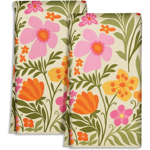 Cute Kitchen Towels Set of 2 - Dish Towels 18 x 26 Inch Microfiber Tea Towel for Home Decorative Strawberry Spring Summer Soft Reusable & Absorbent Aesthetic Vintage Design