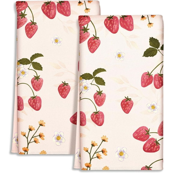 Cute Kitchen Towels Set of 2 - Dish Towels 18 x 26 Inch Microfiber Tea Towel for Home Decorative Strawberry Spring Summer Soft Reusable & Absorbent Aesthetic Vintage Design
