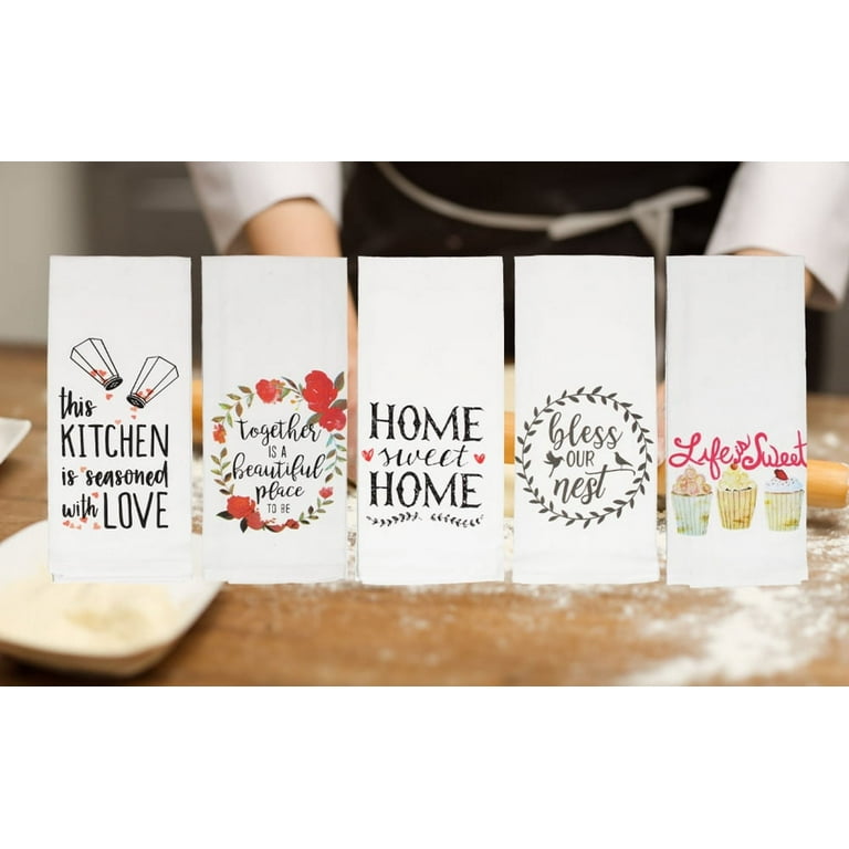 Cute Kitchen Towels Set Inspirational Dish Towels Fun Baking Flour Sack Towels with Sayings Cotton 16 inchx28 inch 5 Piece, Size: 16 x 28, White