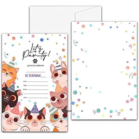 Cute Kitten Birthday Party Invitation, Let's Paw-Ty Kitty Cats Fill-In Invites For Adults Women & Men, 20 Invitations With Envelopes(4" X 6")Party Favors Decorations And Supplies-01