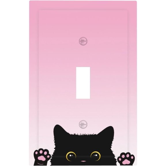 Cute Kitten Black Cat Pink Background Decorative Light Switch Cover 1 Gang Single Toggle Device Electrical Faceplate Switchplates Decorator Outlet Wall Plate for Kids Room Nursery Decor