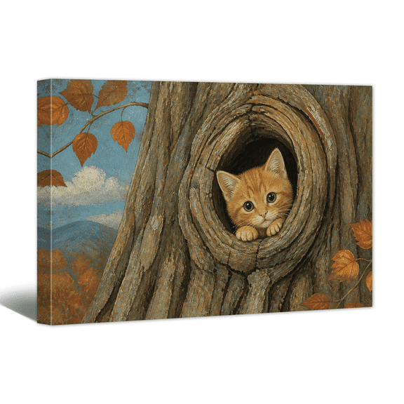 Cute Kitten Canvas Wall Art Whimsical Tree Hollow Autumn Picture Prints, Rustic Aesthetic Artwork Paintings for Living Room Bedroom Kids Room Gallery Home Wall Decor
