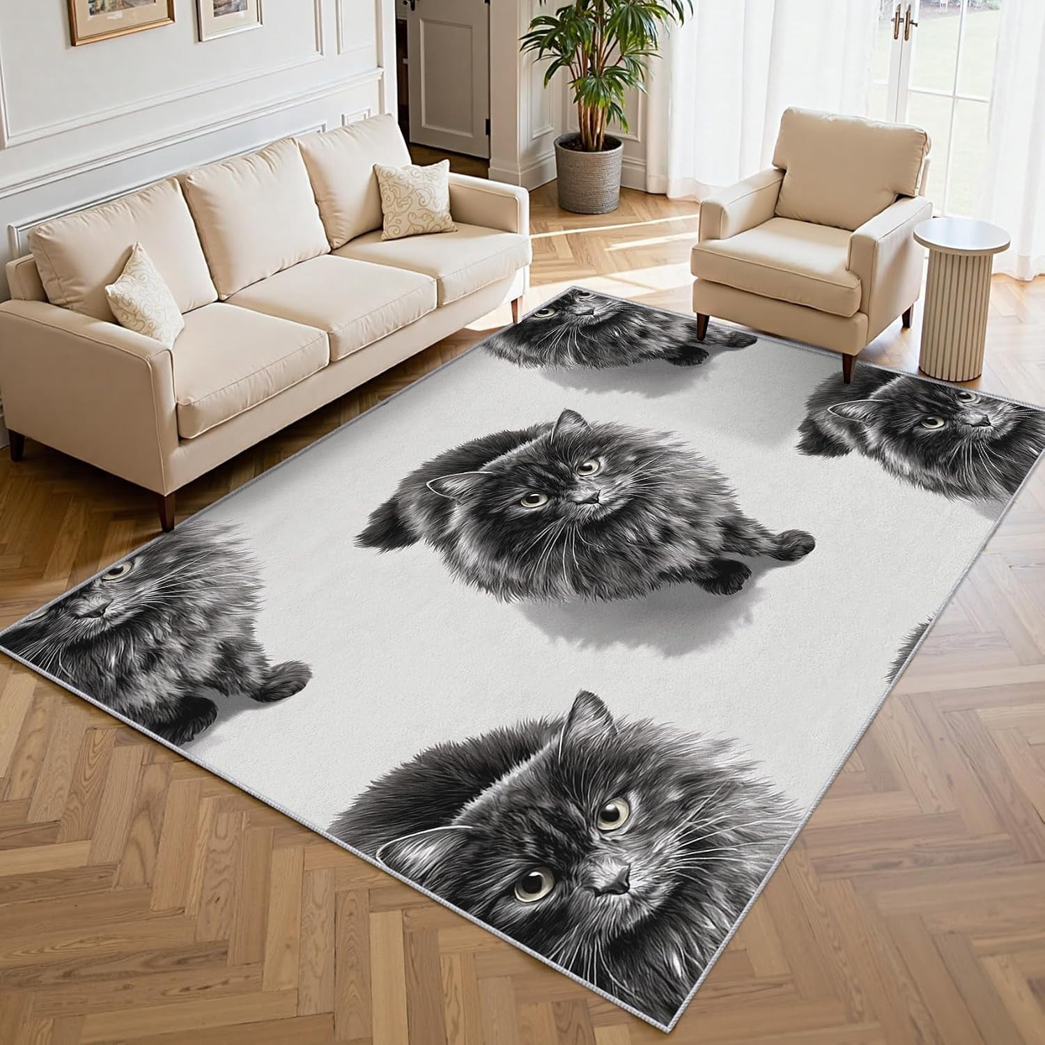 Soft Cat Rug Cute Kitten Cat Area Rugs, Black White Pet Cat Animal Pattern Carpet ...