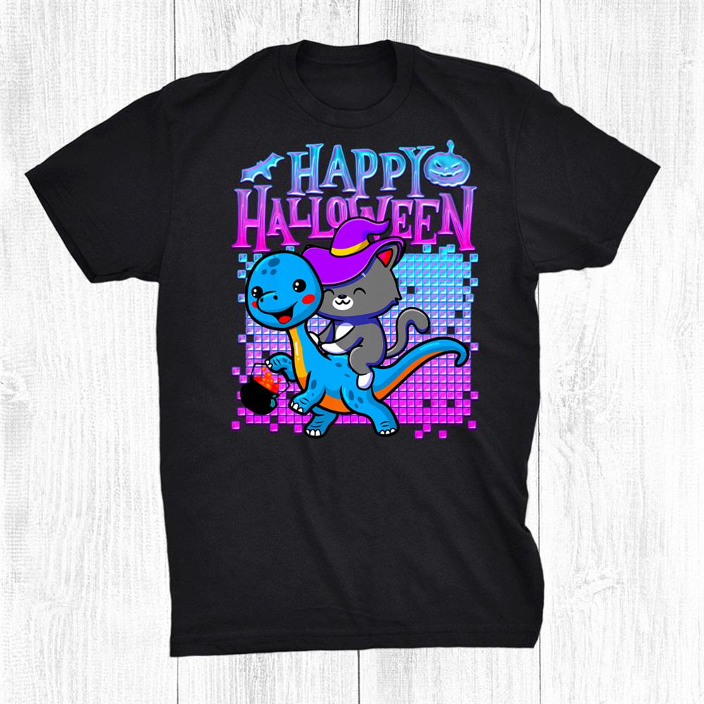 Cute Kitten Cat Riding A Dino Dinosaur Funny Happy Halloween Shirt Gift