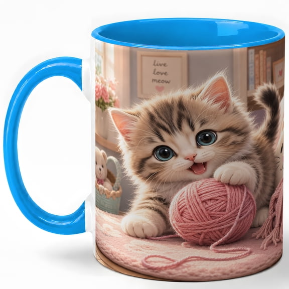 Cute Kitten Coffee Mug, Cozy Cat with Pink Yarn Pet Lover Design, 11 oz Ceramic Cup