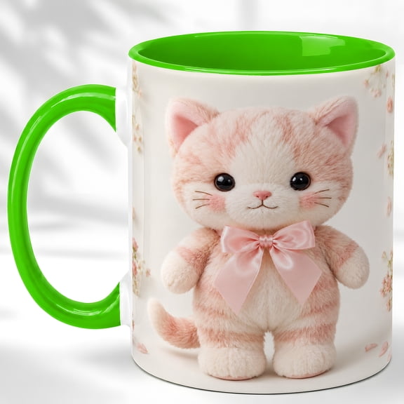 Cute Kitten Coffee Mug, Plush Cat Mug for Girls and Women, Kawaii Pink Cat with Bow Design, Cat Lover Gift for Her, Ceramic 11 Oz Cup
