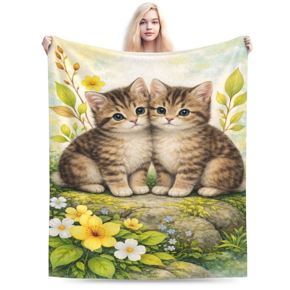 Cute Kitten Garden Blanket Easter Spring Cat Throw Blanket Soft Cozy Flannel Animal Blanket Cute Pet Lovers Home Decor Gift 50x40