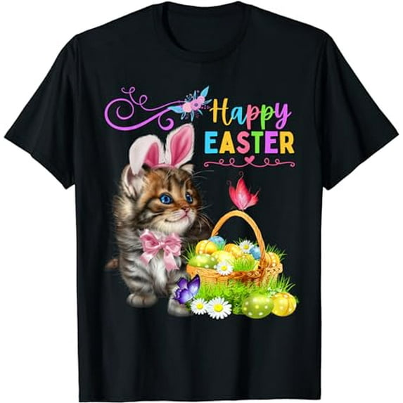 Cute Kitten Happy Easter Cat Bunny And Eggs Kids Women T-Shirt