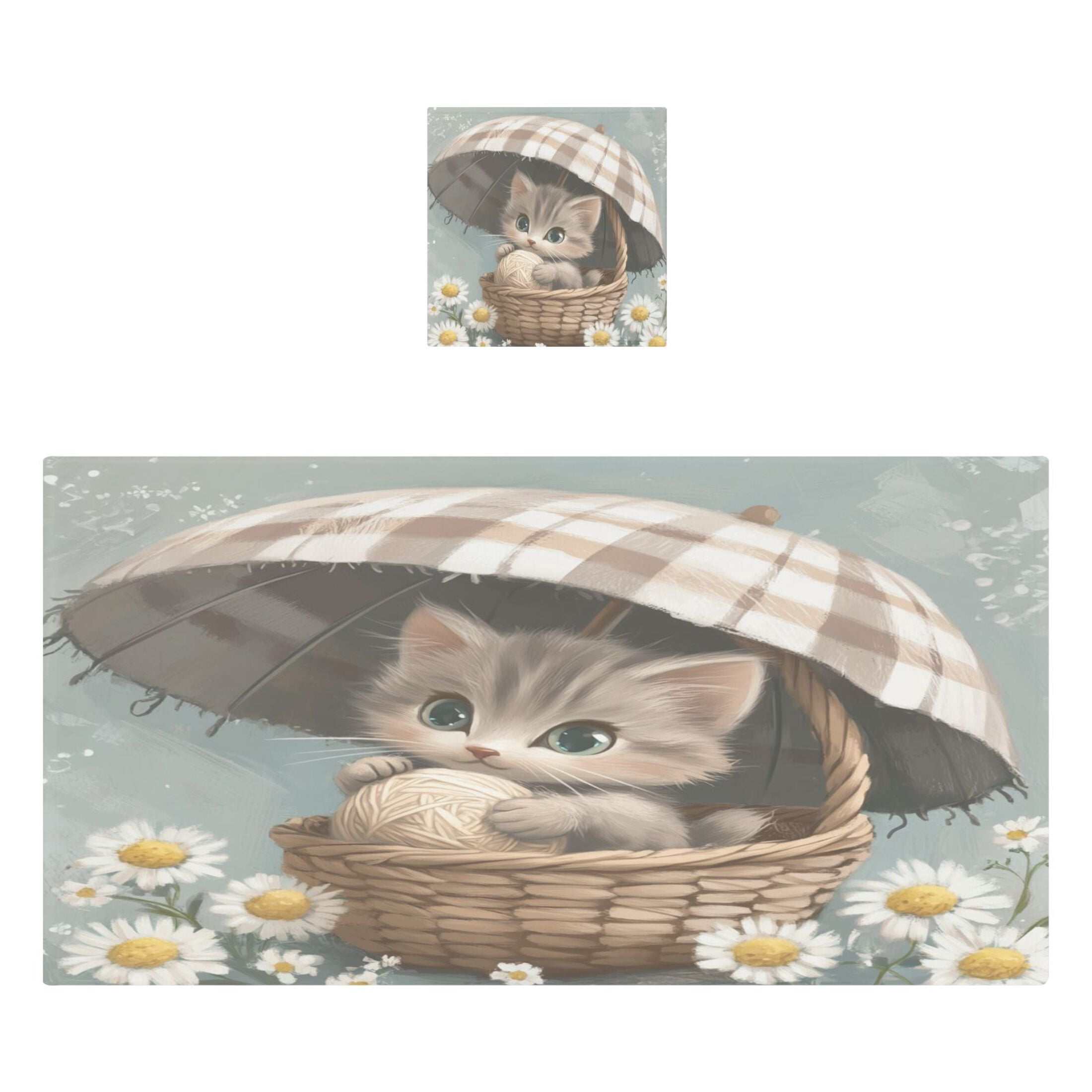 Cute Kitten Holding An Umbrella 2 Piece Cotton Bath and Face Towel Set Soft and Absorbent, for Beach Pool Bathroom