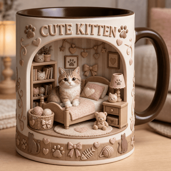 Cute Kitten Mug Cozy Bedroom Cat Lover Gift for Coffee Tea