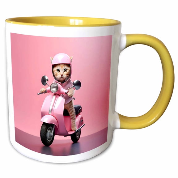 3drose, Cute Kitten on a Motor Scooter with Helmet, 11oz Two-tone Yellow Mug