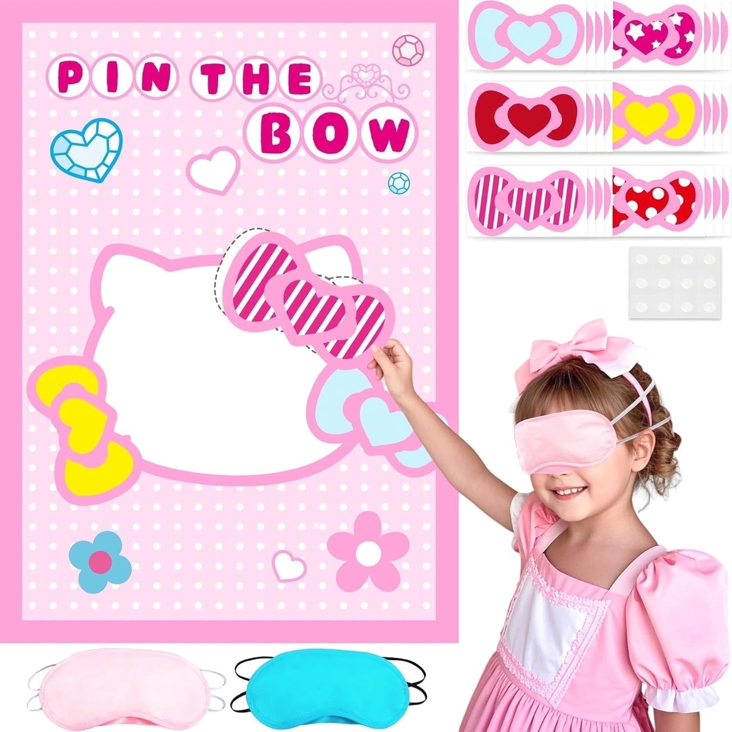 Kitty Party Supplies Cat Birthday Party Pin The Bow on Kitty Games,Cat Poster with 24 Bow Stickers for Anime Birthday Decorations