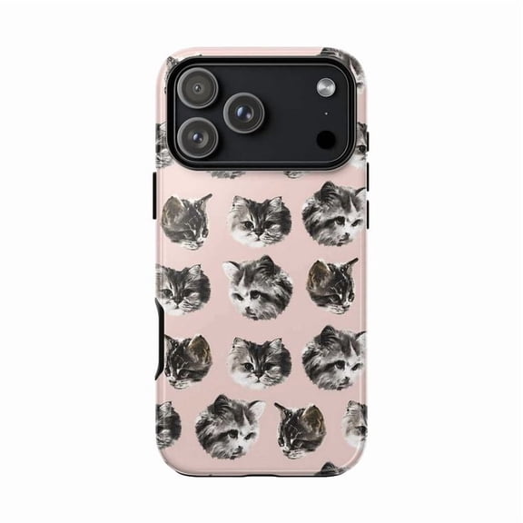 Cute Kitten Pattern Phone Case, Pink Tabby Cat Face iPhone Cover for iPhone 17 16 15 14 13 12 11 Pro Plus Mini
