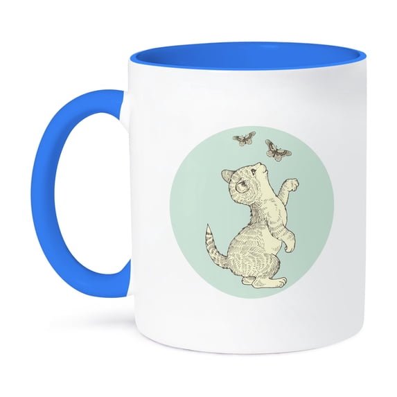 3dRose, Cute Kitten Playing with Butterflies in pastel green yellow and brown, 11oz Two-Tone Blue Mug
