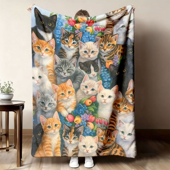 Cute Kitten Plush Blanket for Girls, Soft Cozy Bedspread with Tabby/Tortoiseshell/Calico Patterns, Lightweight for Bed Couch Travel, Gift for Lovers, Home Decor