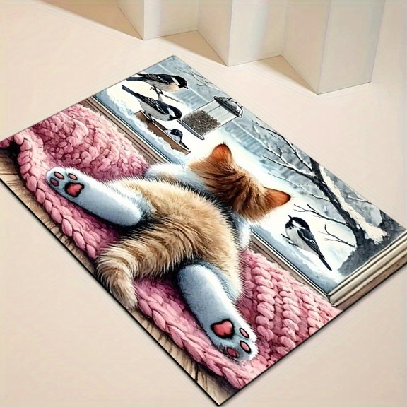 Cute Kitten Print Flannel Floor Mat Non Slip Washable Rug Home Decor