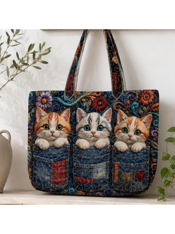 Cute Kitten Quilted Tote Bag, Personalized Denim Pocket Cat Handbag, Floral Kitty Tote Gift for Cat Lover Women
