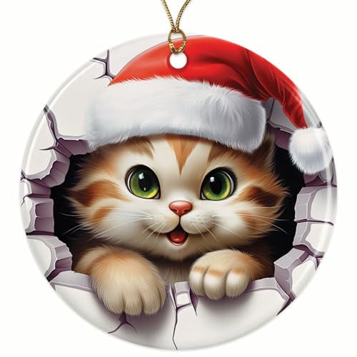 Cute Kitten with Santa Hat Christmas Ornament - 3D Breakout Kitten - 2.8" Round - Premium Glossy Ceramic with UV Printed Design - Gold String Included - Perfect Holiday D?cor - BMCO0048
