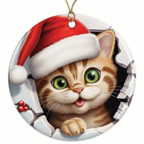Cute Kitten with Santa Hat Christmas Ornament - 3D Breakout Kitten - 2.8" Round - Premium Glossy Ceramic with UV Printed Design - Gold String Included - Perfect Holiday D?cor - BMCO0049