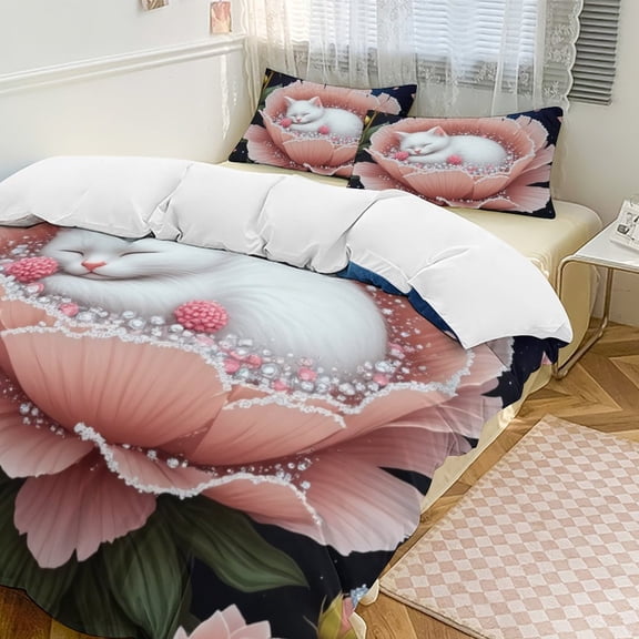 Cute Kitten Sleeping in Flower Duvet Cover Set Bedding Set Polyester Quilt Cover for Bedroom Decoration