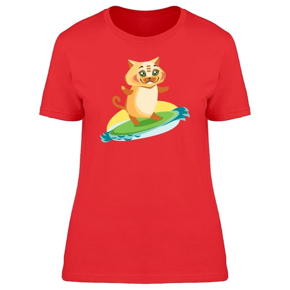 Cute Kitten Surfing Cartoon T-Shirt Women -Image by Shutterstock, Female Large