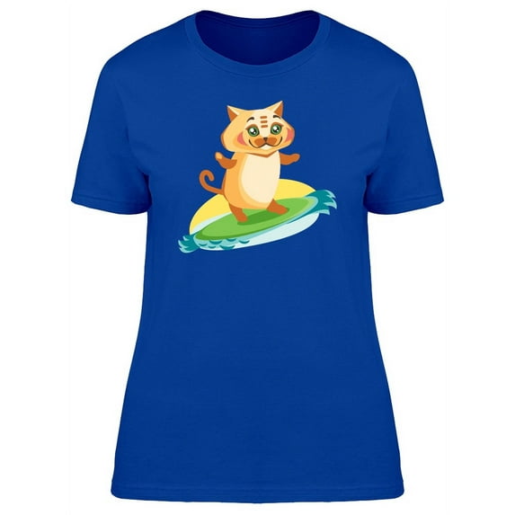Cute Kitten Surfing Cartoon T-Shirt Women -Image by Shutterstock, Female XX-Large