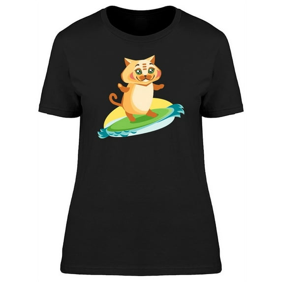 Cute Kitten Surfing Cartoon T-Shirt Women -Image by Shutterstock, Female x-Large