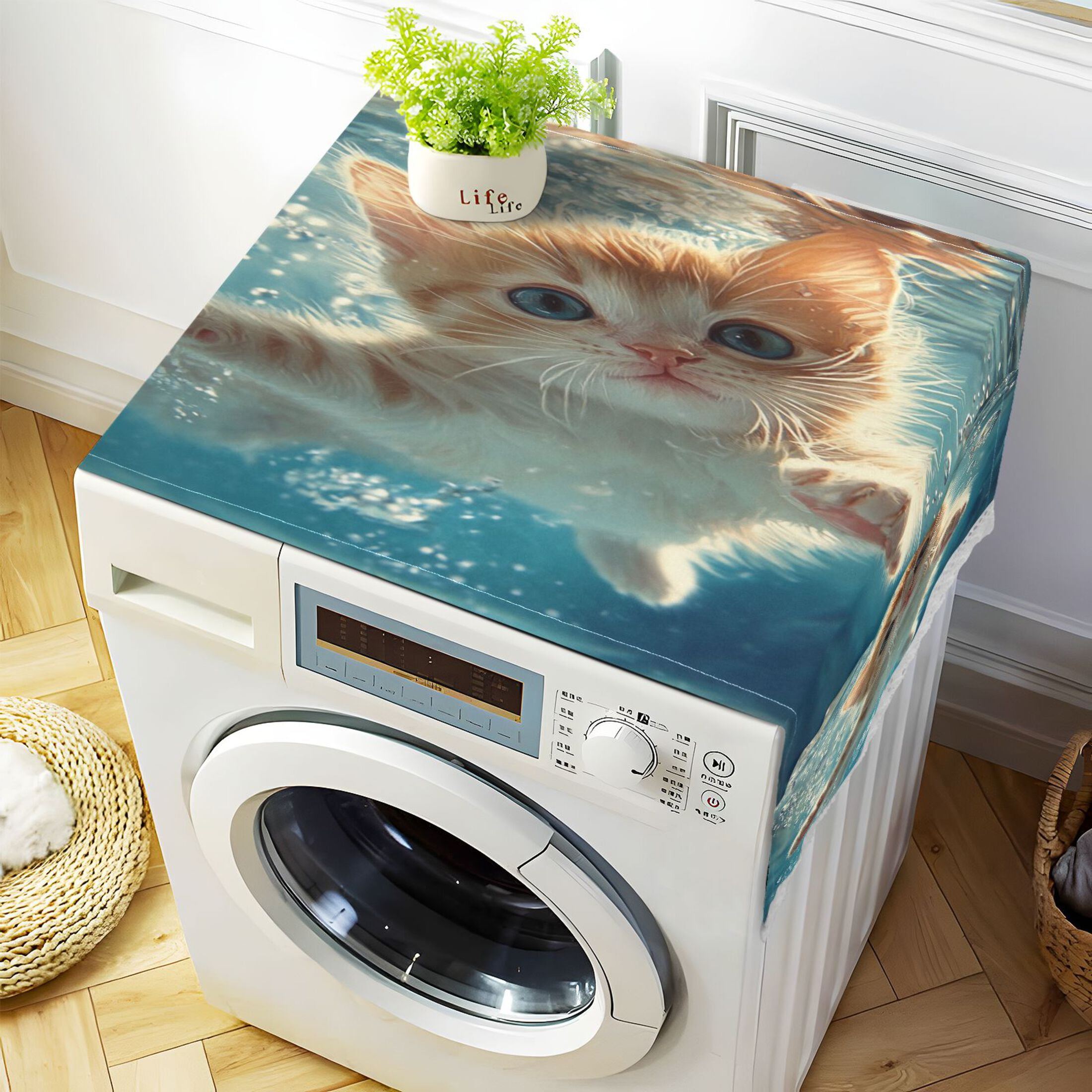 Cute Kitten Swim UnderwaterWasher and Dryer Covers Dust-Proof and Oil Resistant Fridge Cover with 4 Storage Pockets Washing Machine Top Cover for Laundry Kitchen Home 51.2 x 22 In