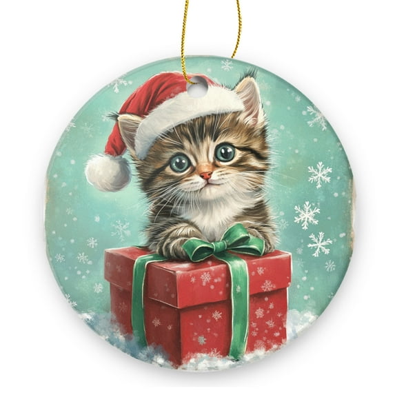 Cute Kitten Wearing A Santa Hat Is Peeking Out From Gift Box - Christmas Ornament Xmas Keepsake Ceramic Ornaments Holiday Decorations for Tree Christmas Gift Ideas 2.95in
