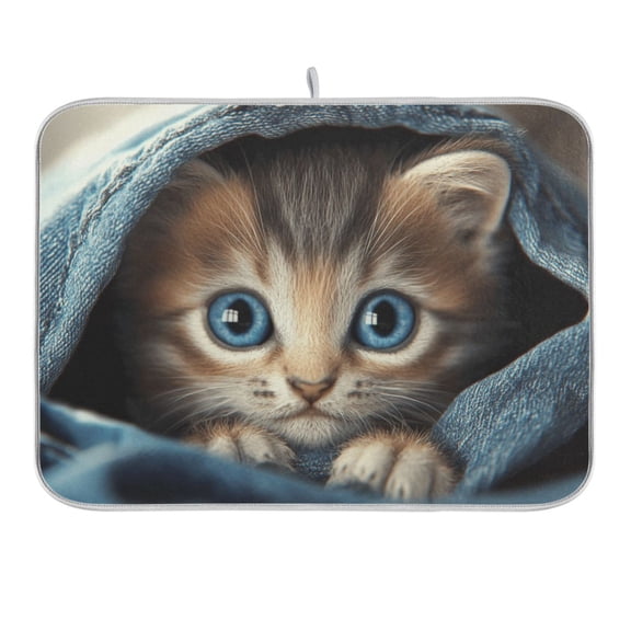 Cute Kitten Wrapped in Blanket Dish Drying Mat for Kitchen Counter 16x18 In Absorbent Microfiber Reversible Mats Dish Drainer Protector Rack Pad for Coffee Bar Table