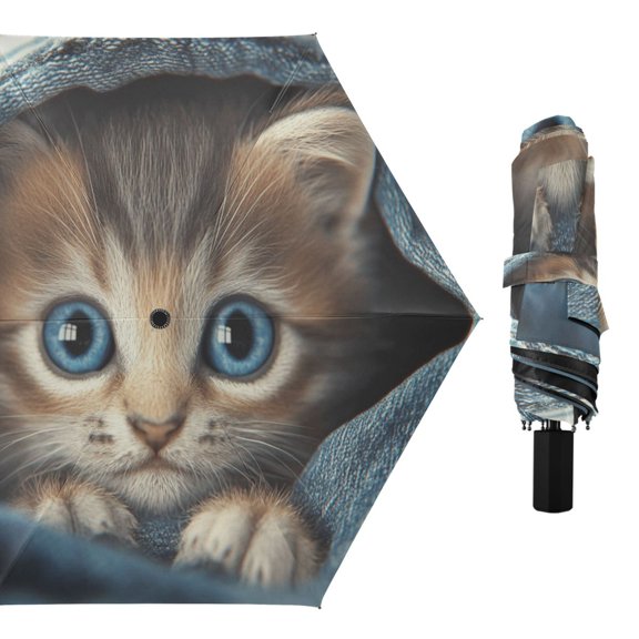 Cute Kitten Wrapped in Blanket Compact Sun Umbrella Windproof Travel Umbrellas for Rain Strong Portable UV Protection
