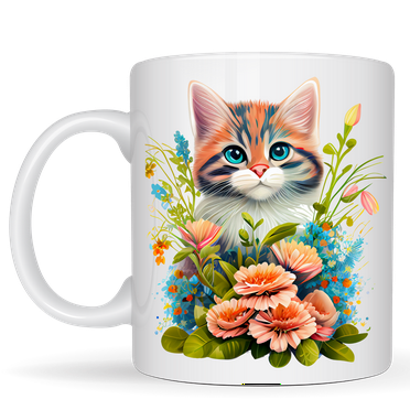 Cute Kitten and Flowers Adorable Ceramic Coffee Mug Cat Lover Gift 11 oz