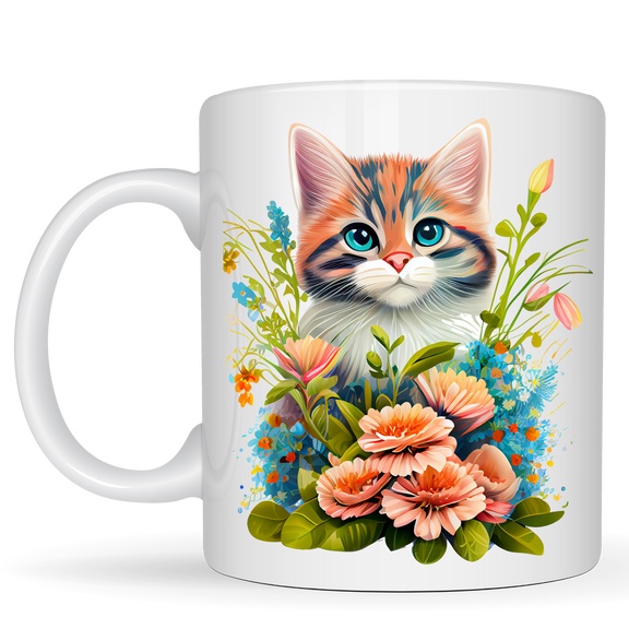 Cute Kitten and Flowers Adorable Ceramic Coffee Mug Cat Lover Gift 11 oz