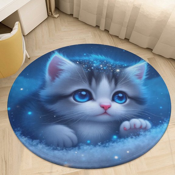 Cute Kitten in Snowy Scene Round Area Rugs for Bedroom Living Room, 3FT Soft Indoor Circle Carpets, Carpet Home Decor Floor Mat