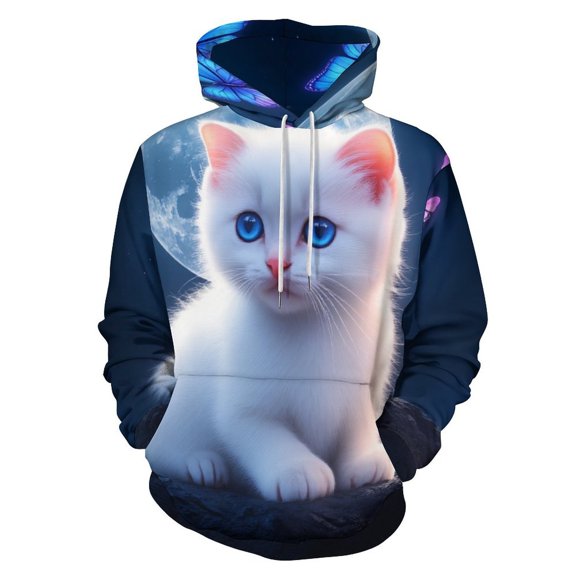 Cute Kitten with Butterflies And Moon-1 3D Print Hoodie Men Women Autumn Thin Pullover Sweatshirt Vintage Streetwear Tops