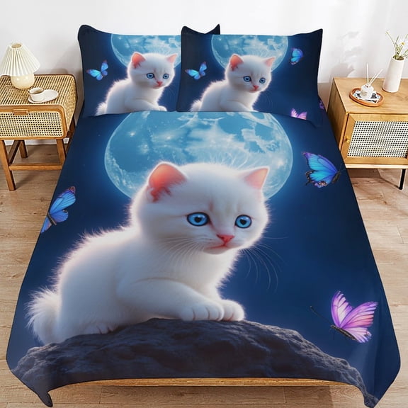 Cute Kitten with Butterflies And Moon-2 Quilt Cover 3pcs Set Home Textiles Duvet Cover Set Pillowcases Soft Comfortable Bedding Set Twin