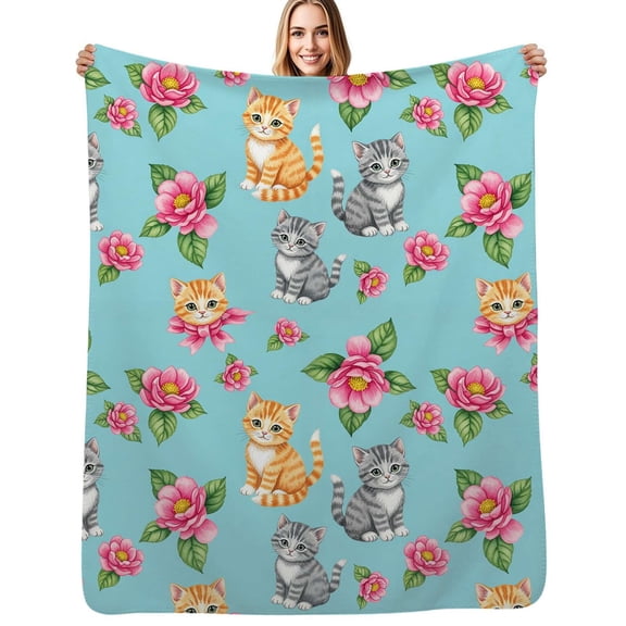 Cute Kittens Floral Pattern Flannel Blanket Warm Soft Bedding Throws Winter Camping Chair Sofa Bed