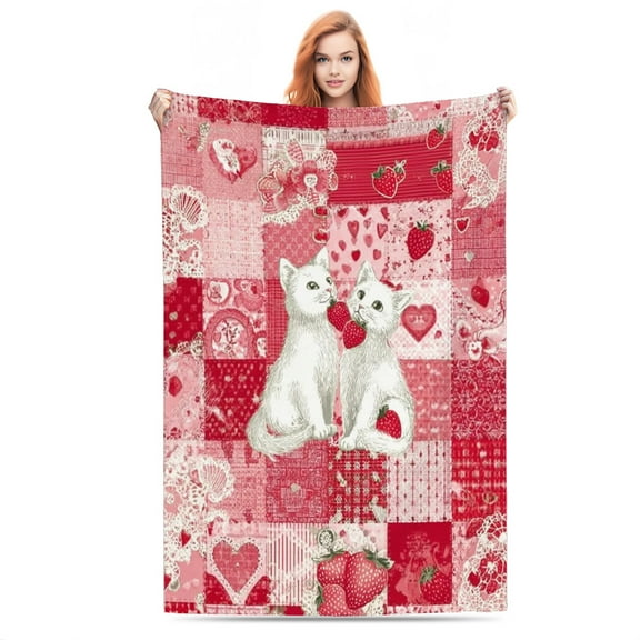 Cute Kittens and Strawberries Lightweight Flannel Printed Blanket - Ultra Soft & Warm, All-Season Cozy Plush for Couch, Bed, Office, Camping Nap - Perfect Decorative Gift