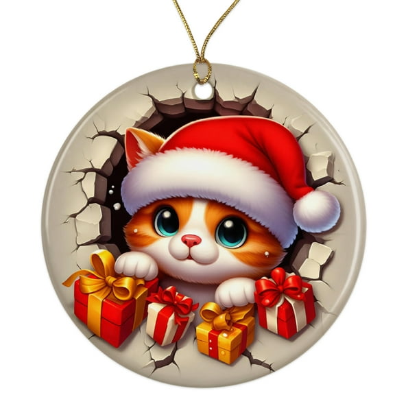 Cute Kitty Cat Illustration Cartoon Ceramic Ornament - Breakthrough 3D Effect Burst Illusion Kids Ornament - 3 Inch Christmas Tree Round Ornament - Xmas Holiday Decor - String Included - ORNW0109