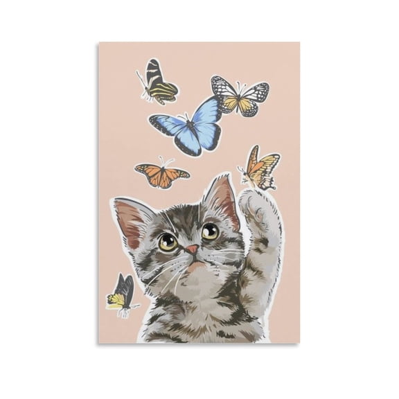 Cute Kitty Cat Kitten with Butterfly Harmony Funny Interesting for Kids Print Photo Art Painting Canvas Poster Home Decorative Bedroom Modern Decor Posters Gifts 16x24inch(40x60cm)