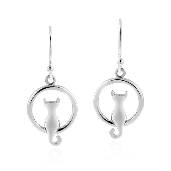 Cute Kitty Cat Sitting in Circle .925 Sterling Silver Dangle Earrings for Female Adult