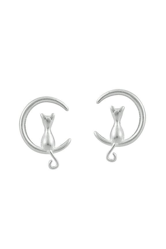 Cute Kitty Cat Sitting on the Moon Sterling Silver Earrings | Sterling Silver Stud Earring for women | Kitty Cat Stud Earrings | Stud Earrings